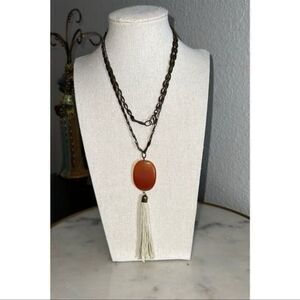 Pendant Necklace acrylic bronze color chain tassel rustic oranges 19.5”